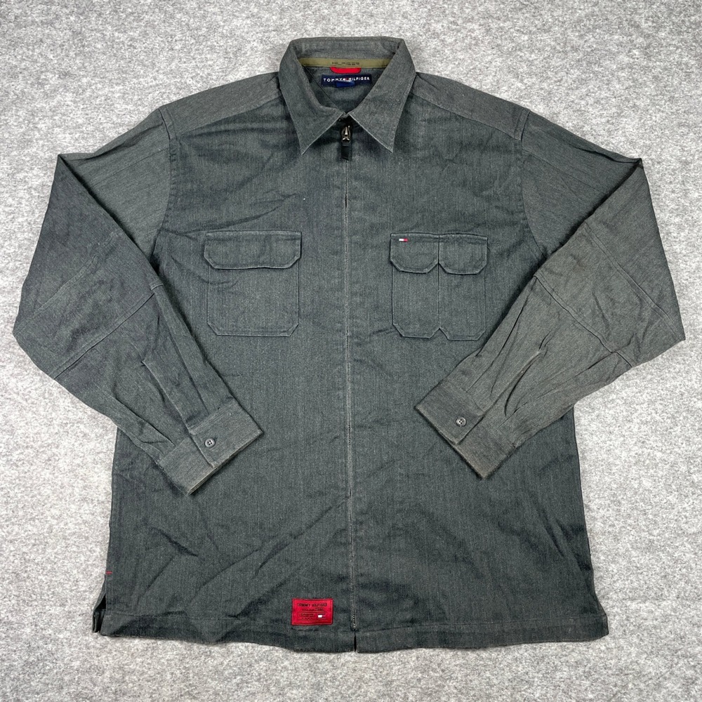 Tommy Hilfiger Shirt Jacket Mens XL Gray Full Zip Twill Utility Pockets Shacket